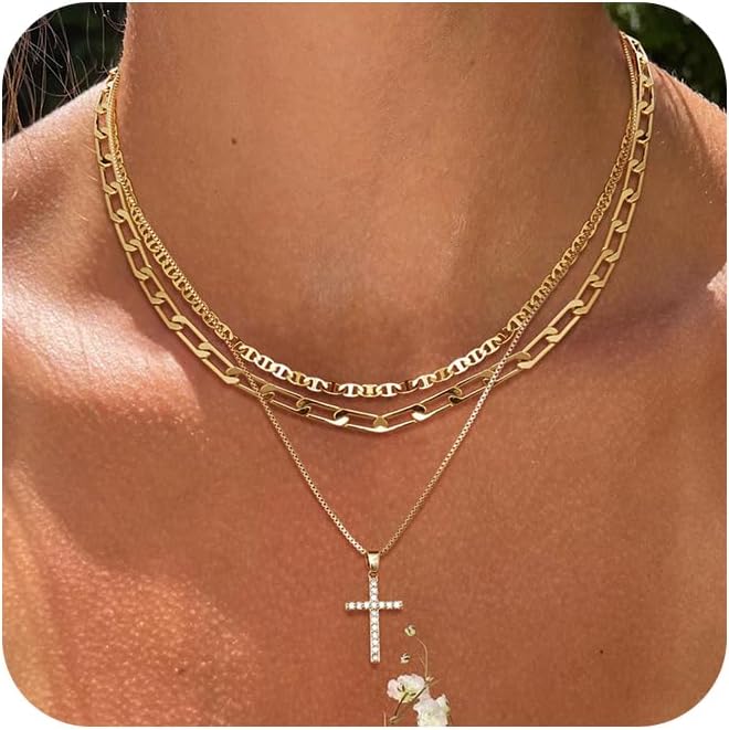 MFRYK Gold/Silver Necklaces Stack For Women,14K Gold/Sterling Silver Plated Simple Layered Choker Necklaces For Women,Stackable Multilayer Pearl Cross Disc Circle Pendant Cuban Herringbone Snake Paperclip Chain Necklaces Set Jewelry Gift for Women - Image 1